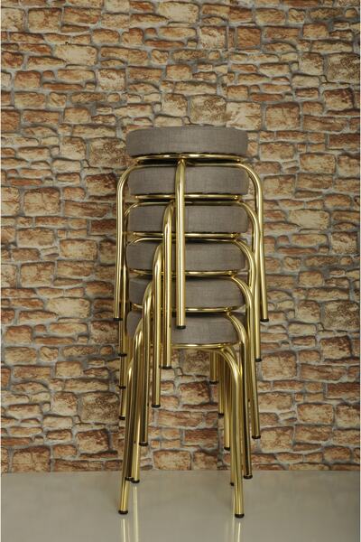 AKK TİCARET 6 Adet Gri Desenli Renkli Kumaş Gold Nikelajlı Demir Tabure Mutfak Taburesi