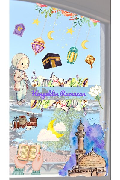 Think And Print Ramazan Duvar Cam Sticker Sulu Boya Hoşgeldin Ramazan Çiçekli...