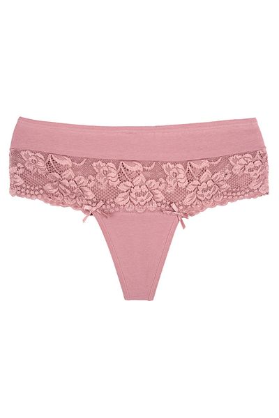Zena High Waist Lace Detailed Dried Rose Cotton Large Size Women's Thong Panties