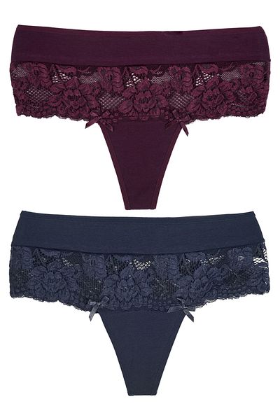 Zena High Waist Lace Detailed Cotton Women's Thong Panties Set of 2 - Large Size