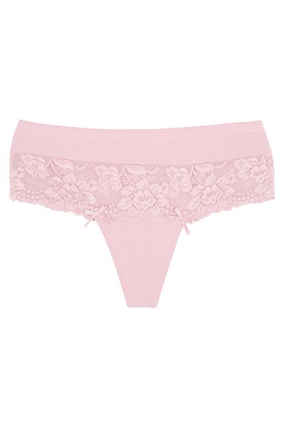 Zena Pink Cotton Large Size Women's Thong Panties with High Waist and Lace Detail