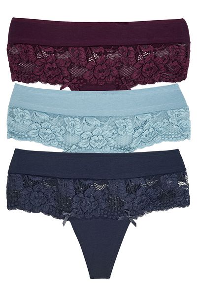 Zena High Waist Lace Detailed Cotton Large Size Women's Thong Panties - Set of 3