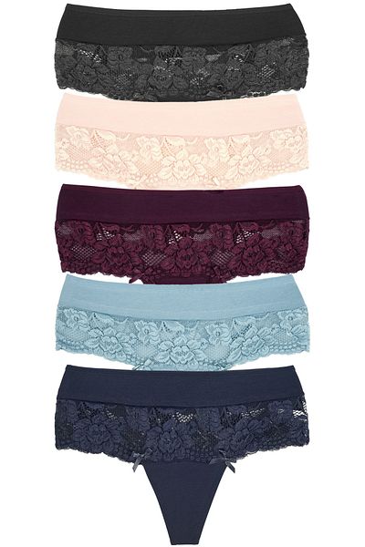 Zena High Waist Lace Detailed Cotton Large Size Women's Thong Panties - Set of 5