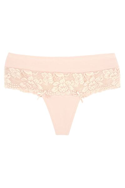 Zena High Waist Lace Detailed Cotton Large Size Women's Thong Panties - Set of 5