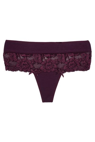 Zena High Waist Lace Detailed Cotton Large Size Women's Thong Panties - Set of 5