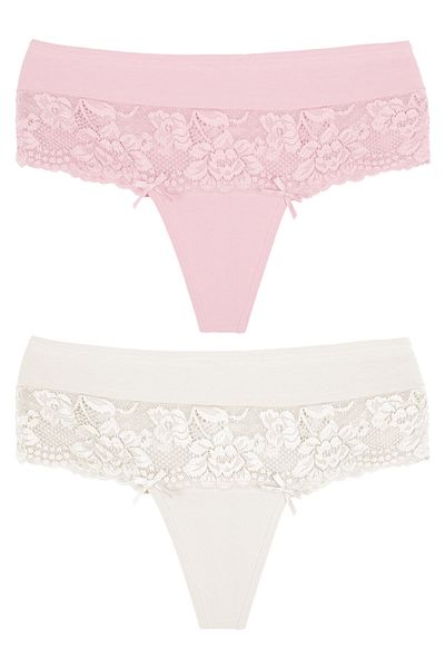 Zena High Waist Lace Detailed Cotton Women's Thong Panties Set of 2 - Large Size