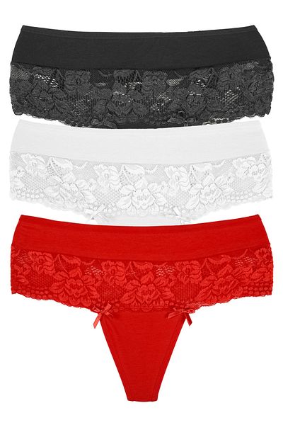 Zena High Waist Lace Detailed 3-Piece Cotton Women's Thong Panties - Large Size