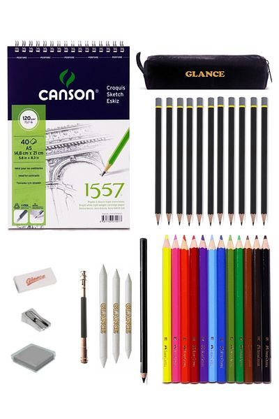 GLANCE Canson 1557 A5 Drawing Sketch Set with Sketchbook, Adel Charcoal and Faber Drawing Pencil