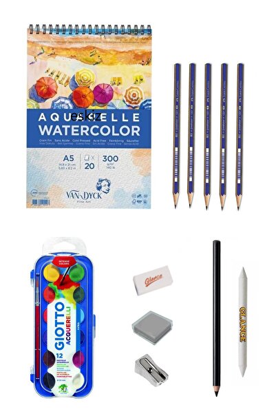 GLANCE Van Dyck Suluboya Defteri A5 300 Gr 20 Yp Karakalem Çizim Seti Kalemtı...
