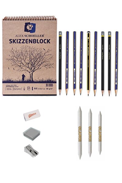 GLANCE Alex 1022 A4 Eskiz Defterli 10 Karakalem Ve Kuruboya Kalemi Çizim Eski...