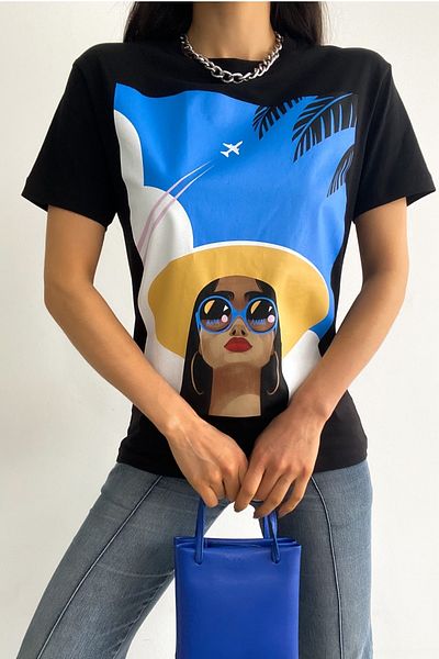 FEMELLE Tricou negru din bumbac imprimat nou sezon pentru femei