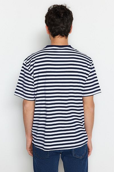 Trendyol Collection Sötétkék széles vágott csíkos póló - rövid ujjú TMNSS20TS0511