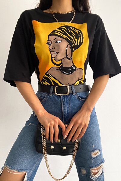 FEMELLE Γυναικείο βαμβακερό μπλουζάκι γυναικείο εμπριμέ σε μαύρο σχέδιο τριών τετάρτων