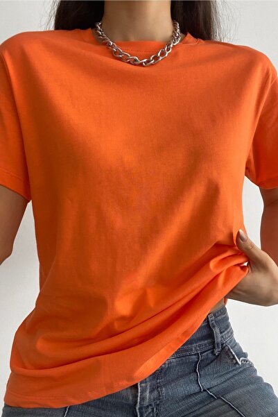 FEMELLE Women's Orange Crew Neck 100% Cotton Basic T-Shirt