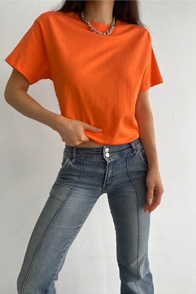 FEMELLE Women's Orange Crew Neck 100% Cotton Basic T-Shirt