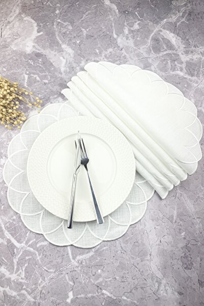 WEARE2 Beyaz Renkli Modern Nakışlı Yuvarlak 6'lı Amerikan Servis