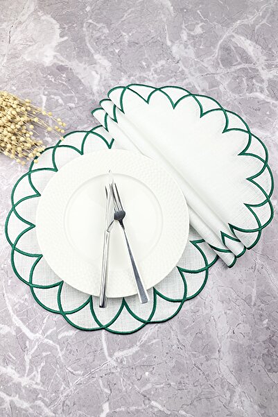 WEARE2 Set american rotund din 4 piese, brodat, modern, de culoare verde