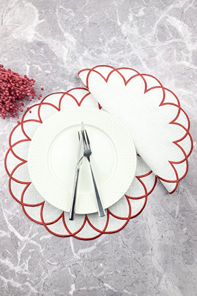 WEARE2 Red Colored Modern Embroidered Round 2-Piece Placemat