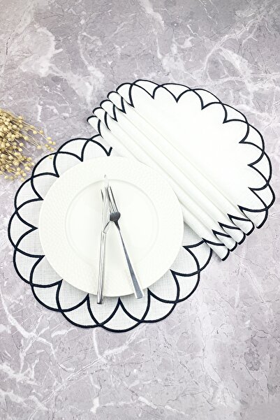 WEARE2 Set american rotund din 6 piese, brodat, modern, de culoare neagră