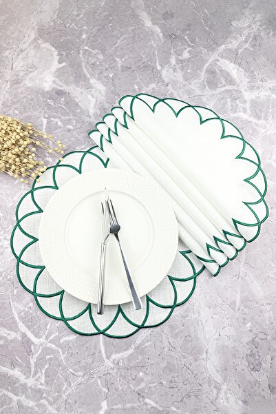 WEARE2 Set rotund de 6 piese, brodat, modern, de culoare verde, pentru servir...