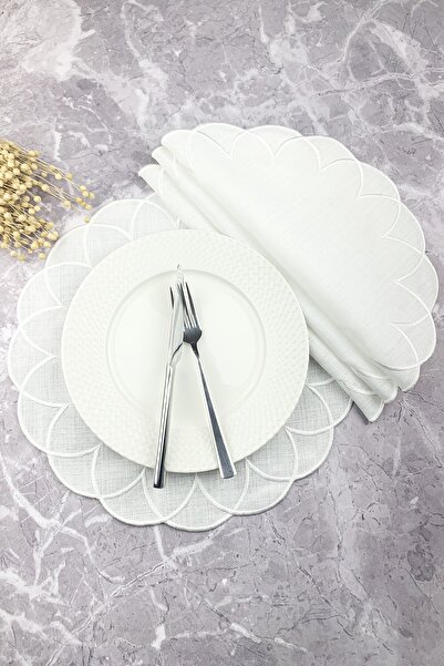 WEARE2 Set american rotund din 4 piese, brodat, modern, de culoare albă