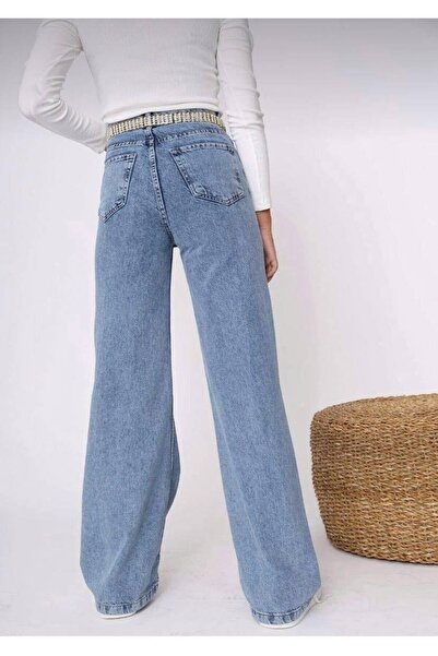 sinembutik Kadın Mavi Kar Yıkamalı Likralı Süper Yüksek Bel Geniş Paça Jean