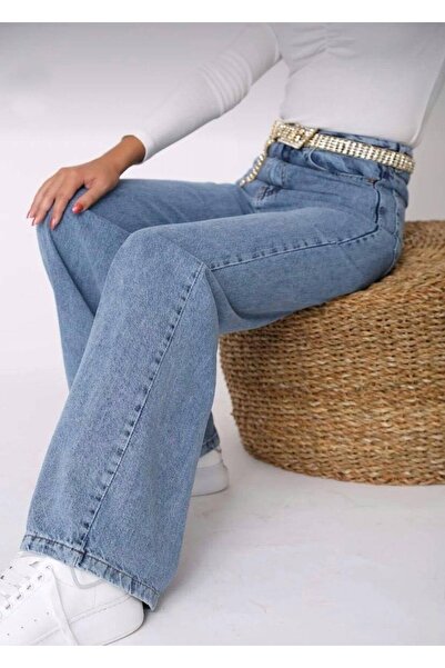 sinembutik Kadın Mavi Kar Yıkamalı Likralı Süper Yüksek Bel Geniş Paça Jean