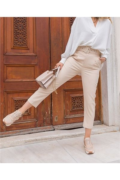 LAMİRAMOOD Pantaloni din stofă cu centură groasă - bej