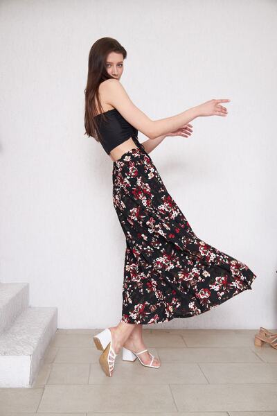 comstar Floral Patterned Long Lined Pleated Skirt, Pleated Skirt, Mother's Gift Skirt, Crepe Skirt, Hijab Skirt