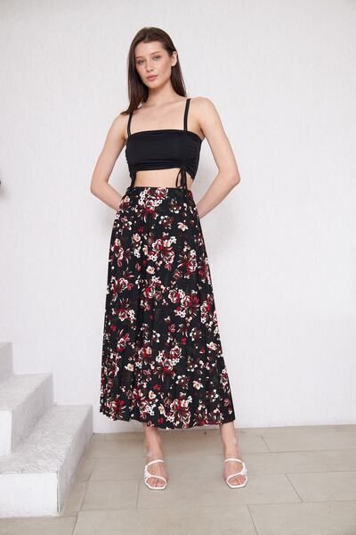 comstar Floral Patterned Long Lined Pleated Skirt, Pleated Skirt, Mother's Gift Skirt, Crepe Skirt, Hijab Skirt