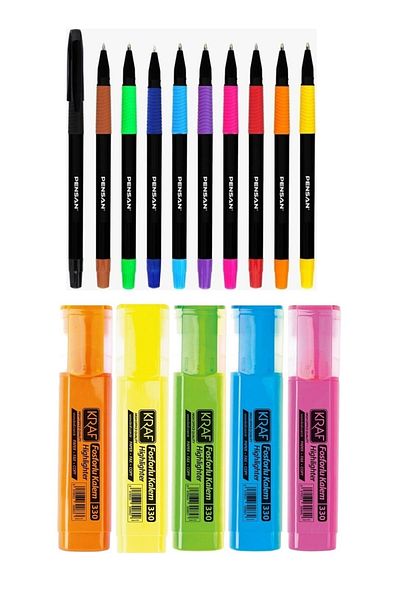 KRAF 5-Piece Neon Highlighter + Pensan 10 Color Ballpoint Pen Set