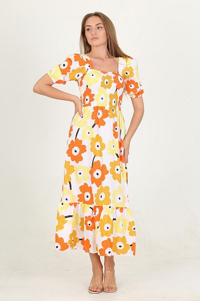 Neşeli Butik Rochie casual de damă, galbenă, cu guler pătrat, cu modele florale Snp006