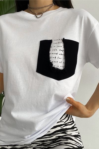 FEMELLE Tricou alb din bumbac cu buzunar pentru sezonul nou pentru femei