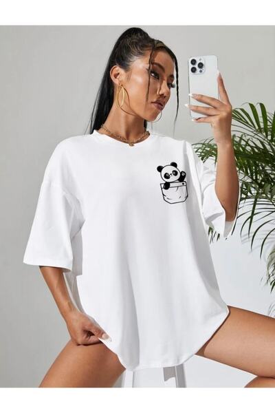 LOUİSA Γυναικείο Oversize Little Panda εμπριμέ λευκό μπλουζάκι