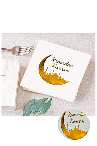 Parti dolabı Χρυσή γυαλιστερή χαρτοπετσέτα Ramadan Kareem 16 τεμαχίων με χρυσό φύλλο με θέμα το Ραμαζάνι Επιτραπέζιο σκεύος Iftar Θρησκευτικό στολίδι 16x16 εκ.