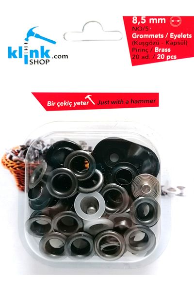 Klinkshop Size 5 Eyelet Hammer Application Apparatus and 20 Pieces 8.5mm Black Eyelet Kit - Stainless Brass