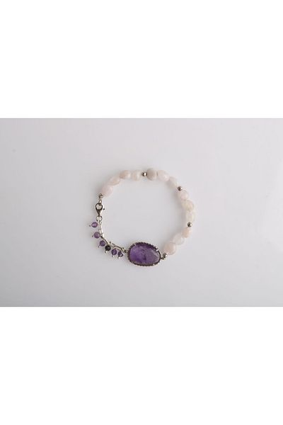OSMANLI DOĞAL TAŞ Melina, Rose Quartz-amethyst Natural Stone Silver Chain Bracelet