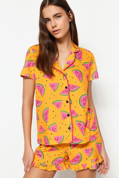 Trendyol Collection VZOR VODNÍHO melounu 100% bavlna Volánková košile a šortky Set SleepWeAr – SVĚTLE ORANŽOVÁ THMSS21PT0670