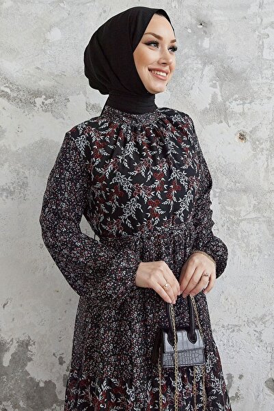 InStyle Nessa Çiçekli Kuşaklı Şifon Elbise - Siyah