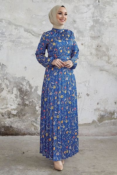 InStyle Φόρεμα Seba Flower Pattern Πλισέ σατέν - Indigo