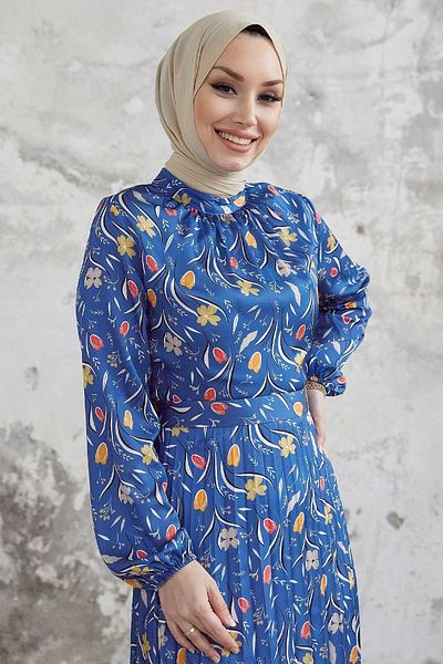 InStyle Φόρεμα Seba Flower Pattern Πλισέ σατέν - Indigo