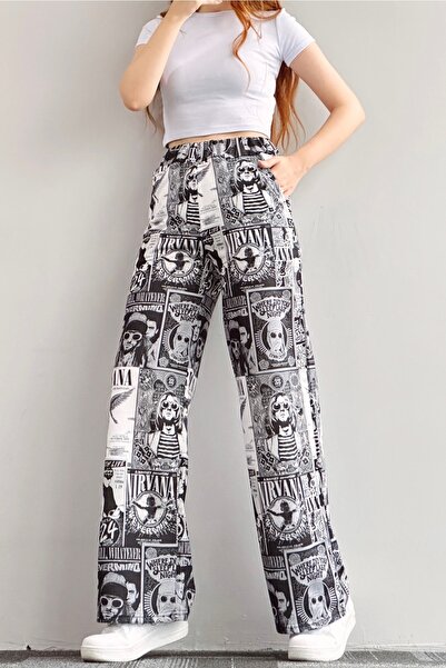 EFBUTİK Λευκό φούτερ με σχέδιο Nirvana με φαρδύ πόδι