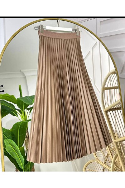 ALLMİRA FASHION Camel Deri Görünümlü Piliseli Tesettür Etek