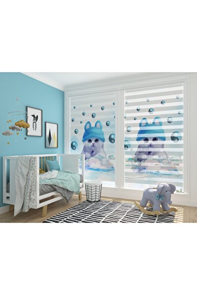 Turuncu Dizayn Bebek Odası Ve Çocuk Odası Için Mavi Yavru Kedi-2 Desenli Dijital Baskılı Zebra Stor Perde