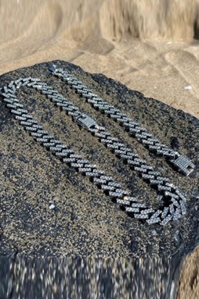 UBUH SHOP Prong Cuban Chain Silver Full Zirkon Taşlı Unisex Kolye + Bileklik Seti
