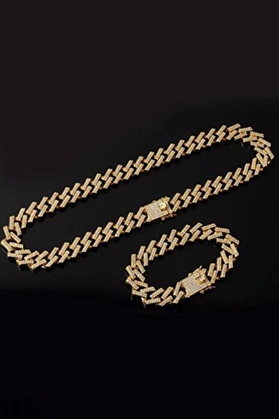 UBUH SHOP Gold Prong Cuban Chain Full Taşlı Unisex Bileklik+ Kolye Seti