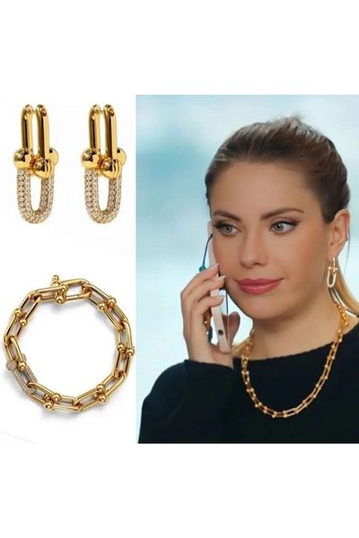 NILOTOS Zircon Stone Gold Plated Necklace and Earring Set