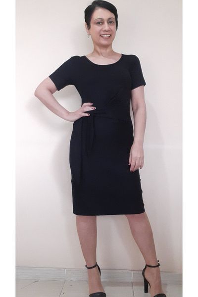 Mertcan Butik Μαύρο χτενισμένο βαμβακερό φόρεμα με βισκόζη με πλαϊνό δραπέ