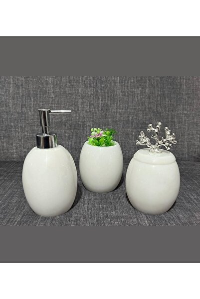 Beyaz Mermer Oval Banyo Seti 3'lü