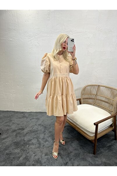 Fame Rochie de damă cu guler plisat din popelin bej